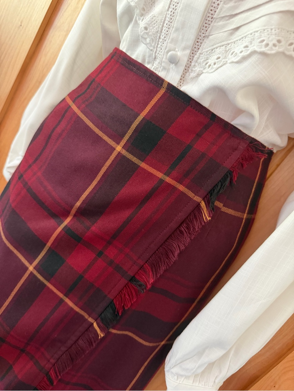 Vintage 90s Tartan Plaid Fringe Ankle Maxi Wrap Skirt 14 Holiday Heritage Prep - Picture 6 of 11